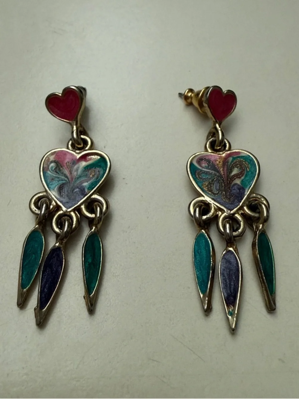 Vintage Enamel Heart Chandelier Dangle Earrings Teal & Pink